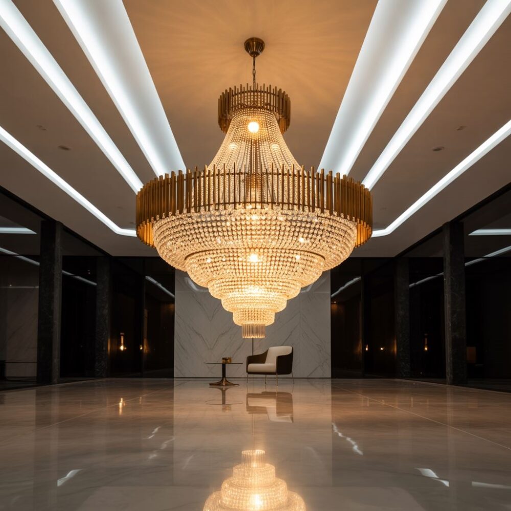 Jasno oświetlony salon żyrandolem