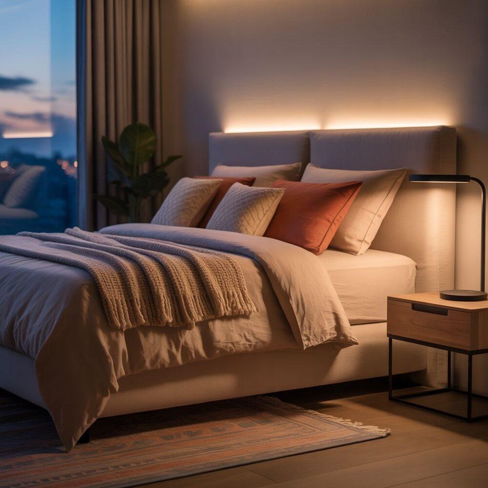 Nowoczesna sypialnia z ciepłym światłem