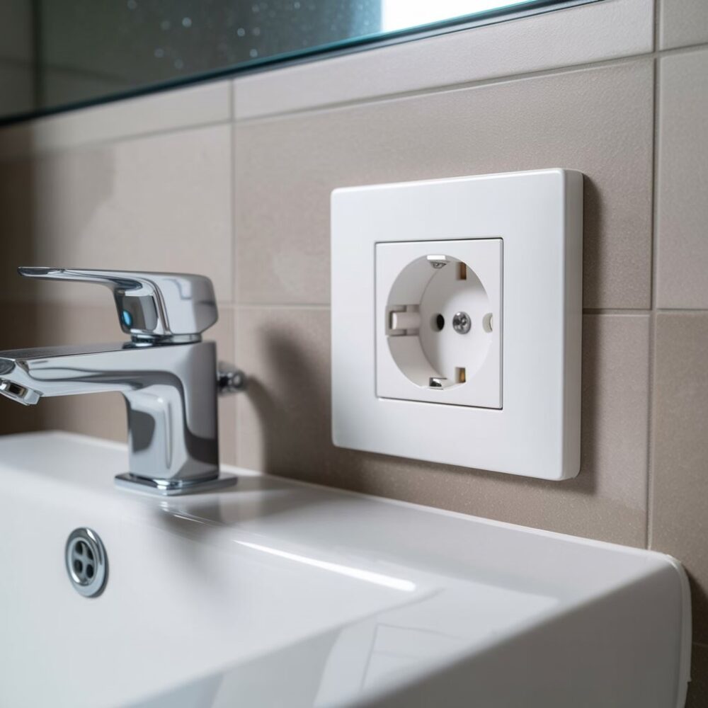 biała łazienka z gniazdkiem