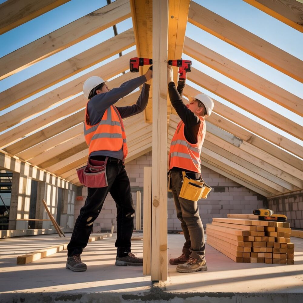 pracownik montuje deskowanie