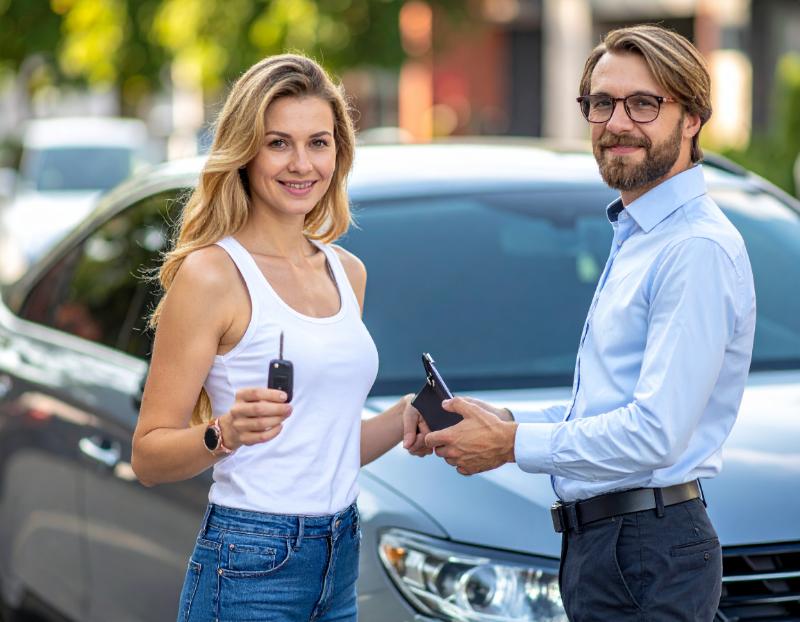 Klientka przekazuje kluczyki do samochodu po sprzedaży