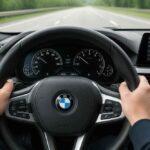 Dłonie kierowcy na kierownicy BMW podczas jazdy autostradą z włączoną nawigacją