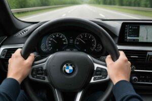 Dłonie kierowcy na kierownicy BMW podczas jazdy autostradą z włączoną nawigacją